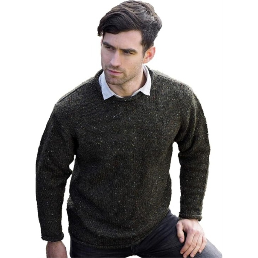 Aran Crafts Mens Irish Cable Knit Curl Neck Sweater Wool Speckled Green Large
